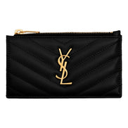 Saint Laurent Cassandre Matelasse Fragments Grain de Poudre Black Leather Zipper Card Holder