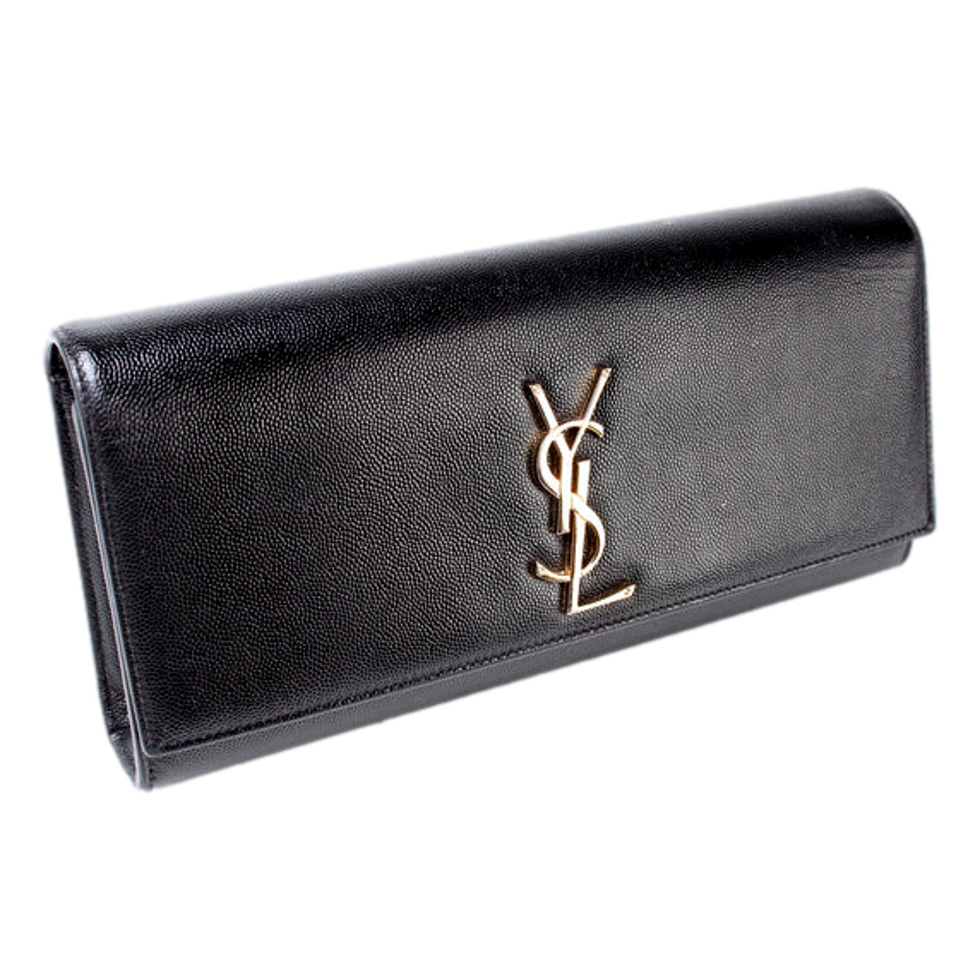 Saint Laurent Cassandre Classic Monogram Black Leather Clutch available at Queen Bee of Beverly Hills