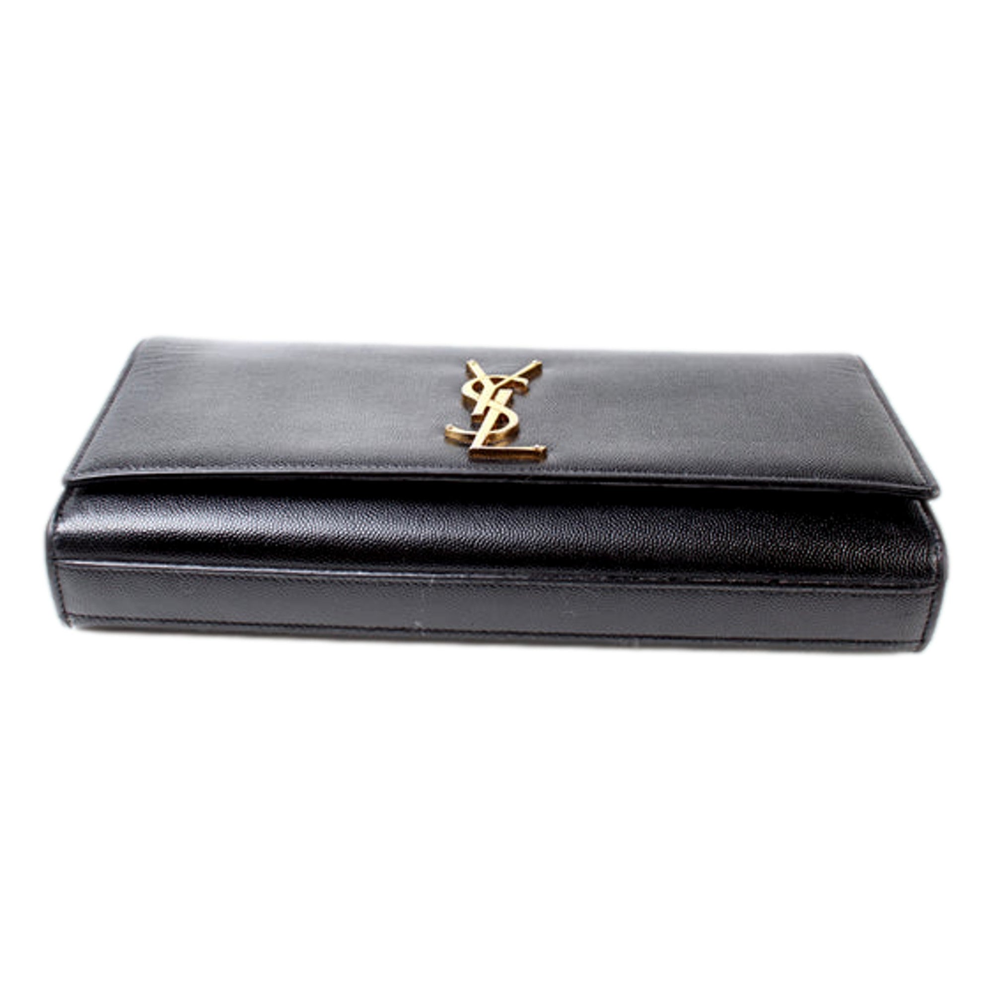 Saint Laurent Cassandre Classic Monogram Black Leather Clutch available at Queen Bee of Beverly Hills