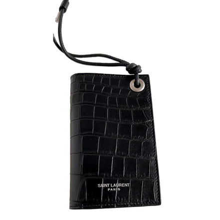 Saint Laurent Croc Embossed Black Lanyard Card Case Wallet available at Queen Bee of Beverly Hills