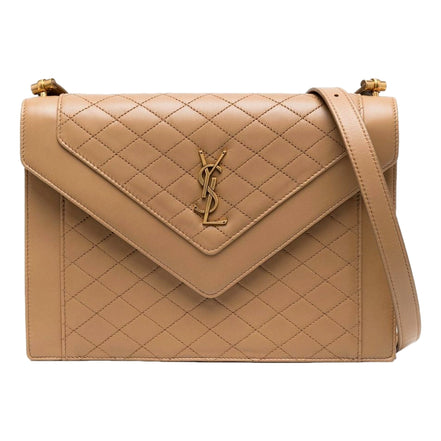 Saint Laurent Gabby Monogram Quilted Lambskin Leather Light Brown Shoulder Bag available at Queen Bee of Beverly Hills