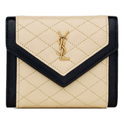 Saint Laurent Gaby Small Envelope Wallet Cream Black Quilted Lambskin YSL Gold Logo sold at Queen Bee of Beverly Hills