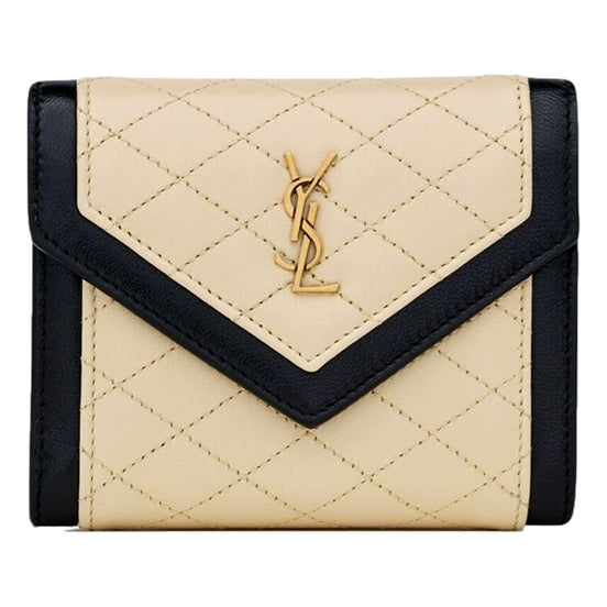 Saint Laurent Gaby Small Envelope Wallet Cream Black Quilted Lambskin YSL Gold Logo