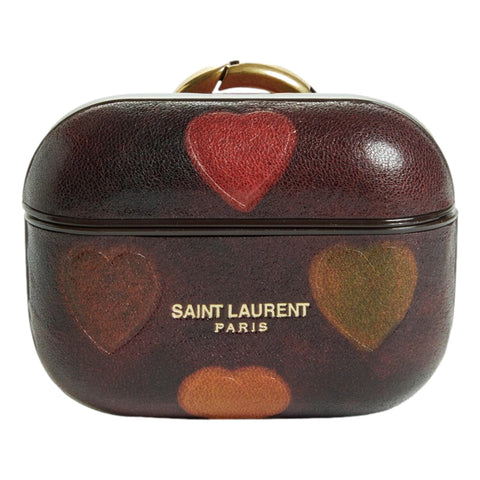 Saint Laurent Heart Printed Brown Textured Leather Airpods Case 641954 at_Queen_Bee_of_Beverly_Hills
