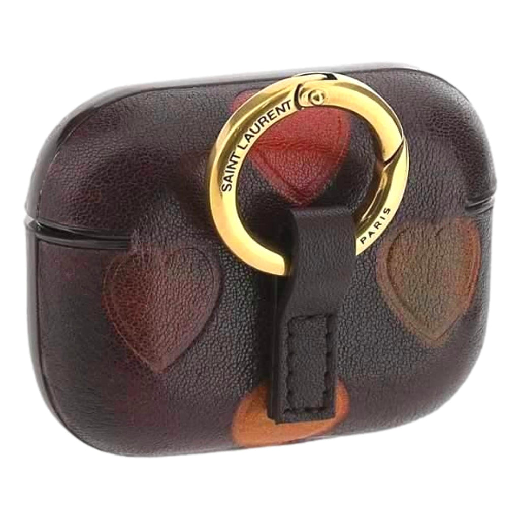 Saint Laurent Heart Printed Brown Textured Leather Airpods Case 641954 at_Queen_Bee_of_Beverly_Hills