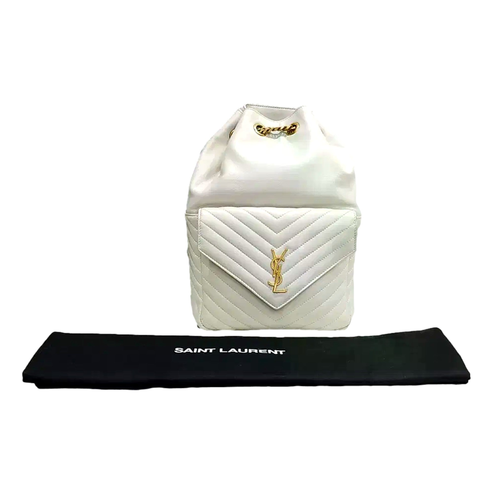 Saint Laurent Joe White Lambskin Quilted Chevron Chain Strap Backpack - available at Queen Bee of Beverly Hills. 