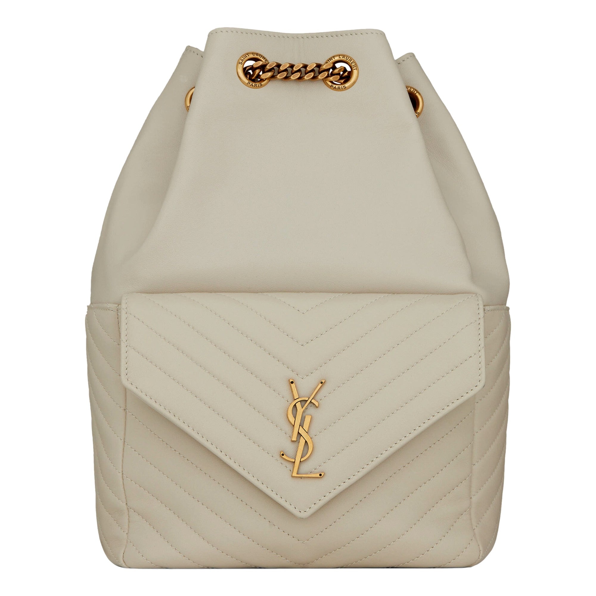 Saint Laurent Joe White Lambskin Quilted Chevron Chain Strap Backpack - available at Queen Bee of Beverly Hills. 
