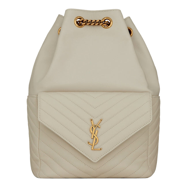 Saint Laurent Joe White Lambskin Quilted Chevron Chain Strap Backpack - available at Queen Bee of Beverly Hills. 