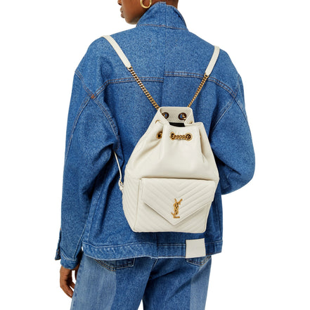 Saint Laurent Joe White Lambskin Quilted Chevron Chain Strap Backpack - available at Queen Bee of Beverly Hills. 