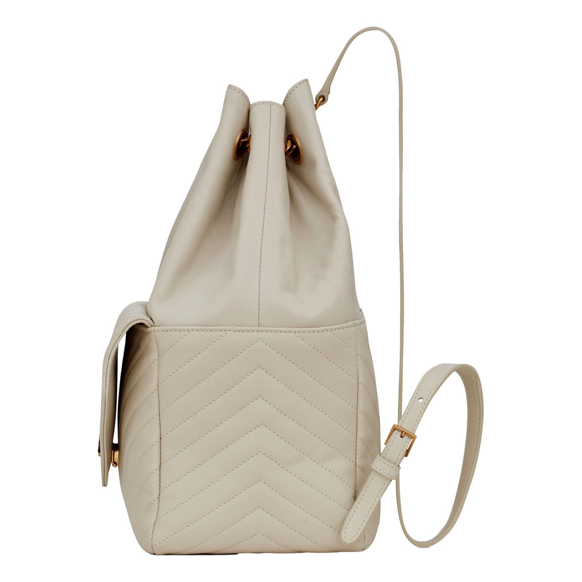 Saint Laurent Joe White Lambskin Quilted Chevron Chain Strap Backpack - available at Queen Bee of Beverly Hills. 