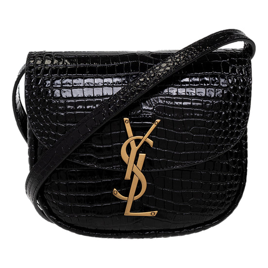 Saint Laurent Kaia Croc Embossed Leather Small Crossbody Bag Black