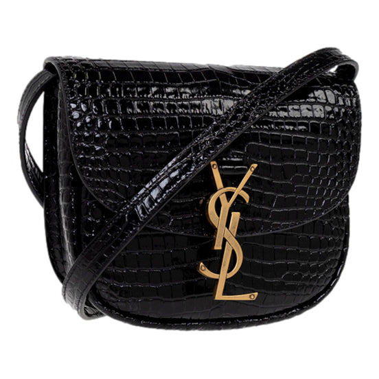 Saint Laurent Kaia Croc Embossed Leather Small Crossbody Bag Black