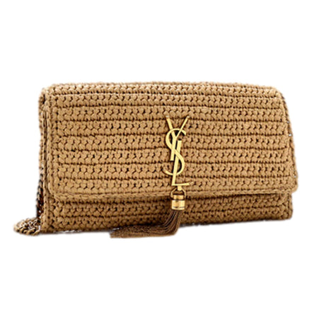 Saint Laurent Kate 99 YSL Beige Raffia Woven Crossbody with Tassel available at Queen Bee of Beverly Hills