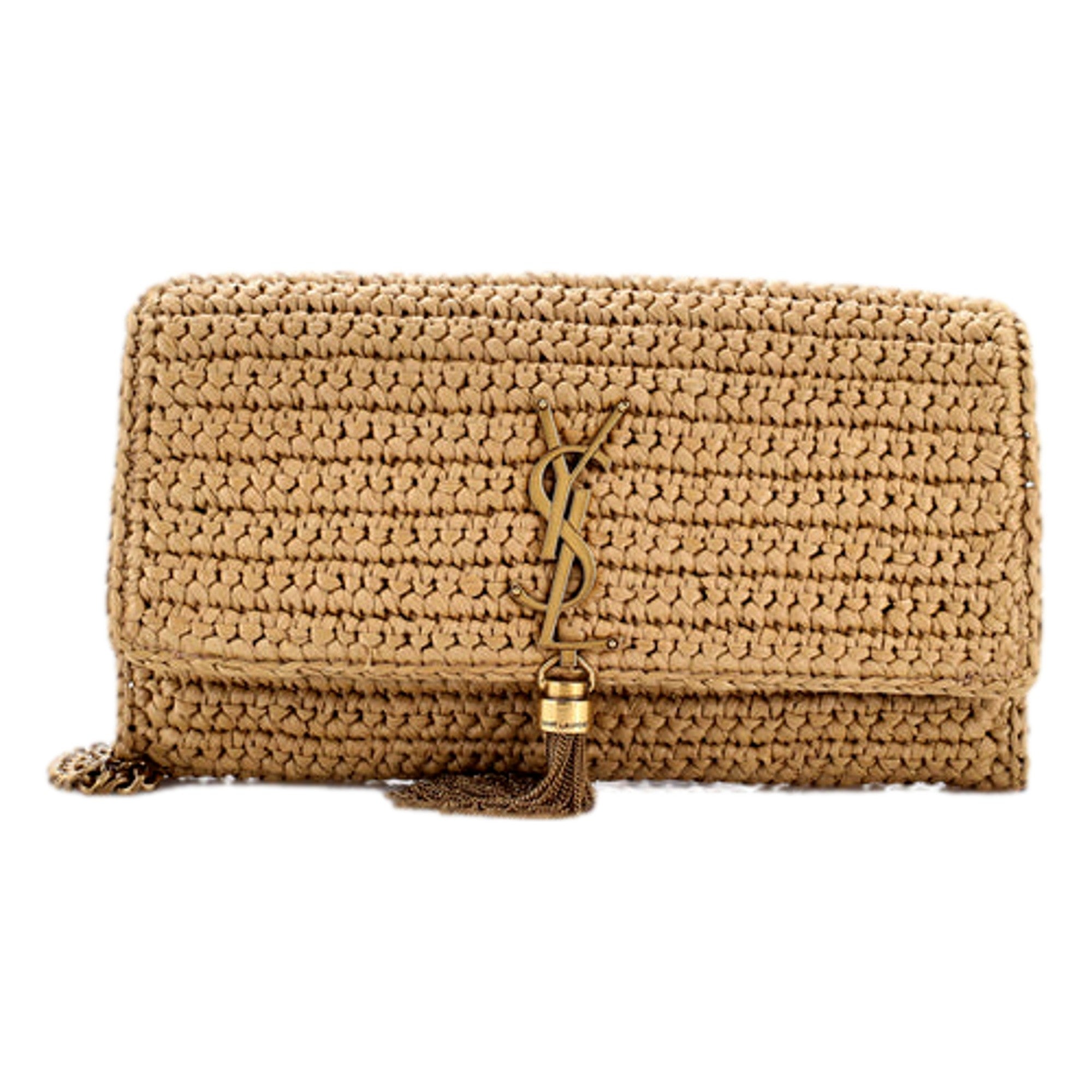 Saint Laurent Kate 99 YSL Beige Raffia Woven Crossbody with Tassel available at Queen Bee of Beverly Hills