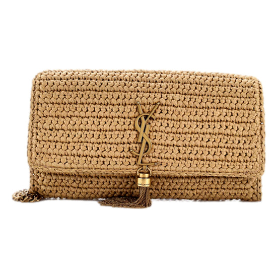 Saint Laurent Kate 99 YSL Beige Raffia Woven Crossbody with Tassel available at Queen Bee of Beverly Hills