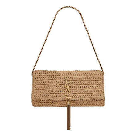 Saint Laurent Kate 99 YSL Beige Raffia Woven Crossbody with Tassel available at Queen Bee of Beverly Hills