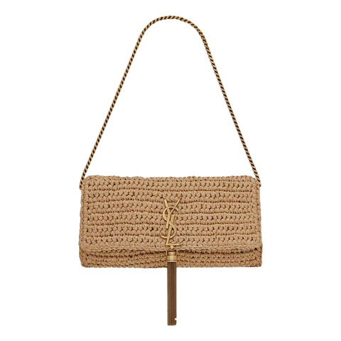 Saint Laurent Kate 99 YSL Beige Raffia Woven Crossbody with Tassel available at Queen Bee of Beverly Hills