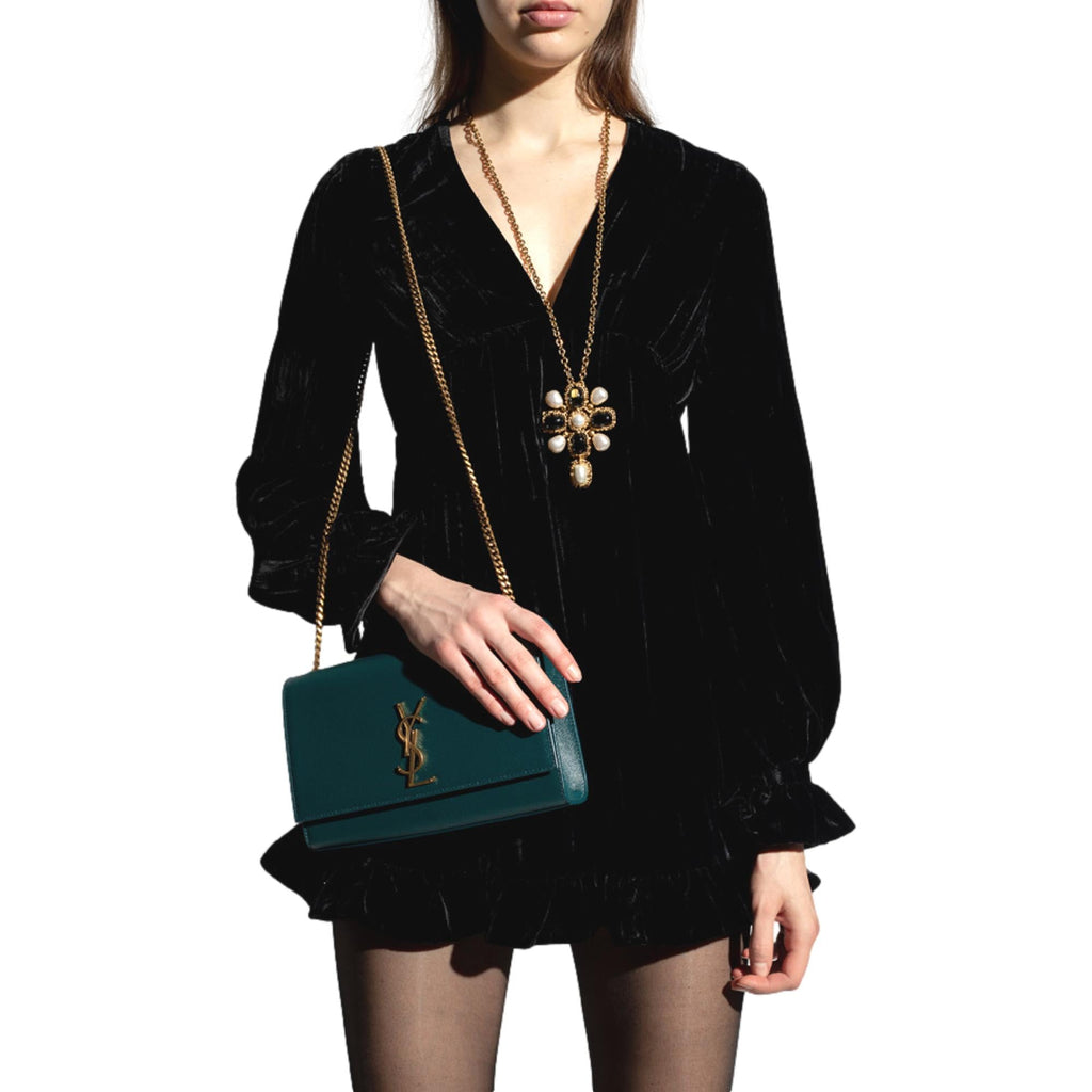 Saint Laurent Kate Teal Grain de Poudre Leather Medium Crossbody Bag at_Queen_Bee_of_Beverly_Hills