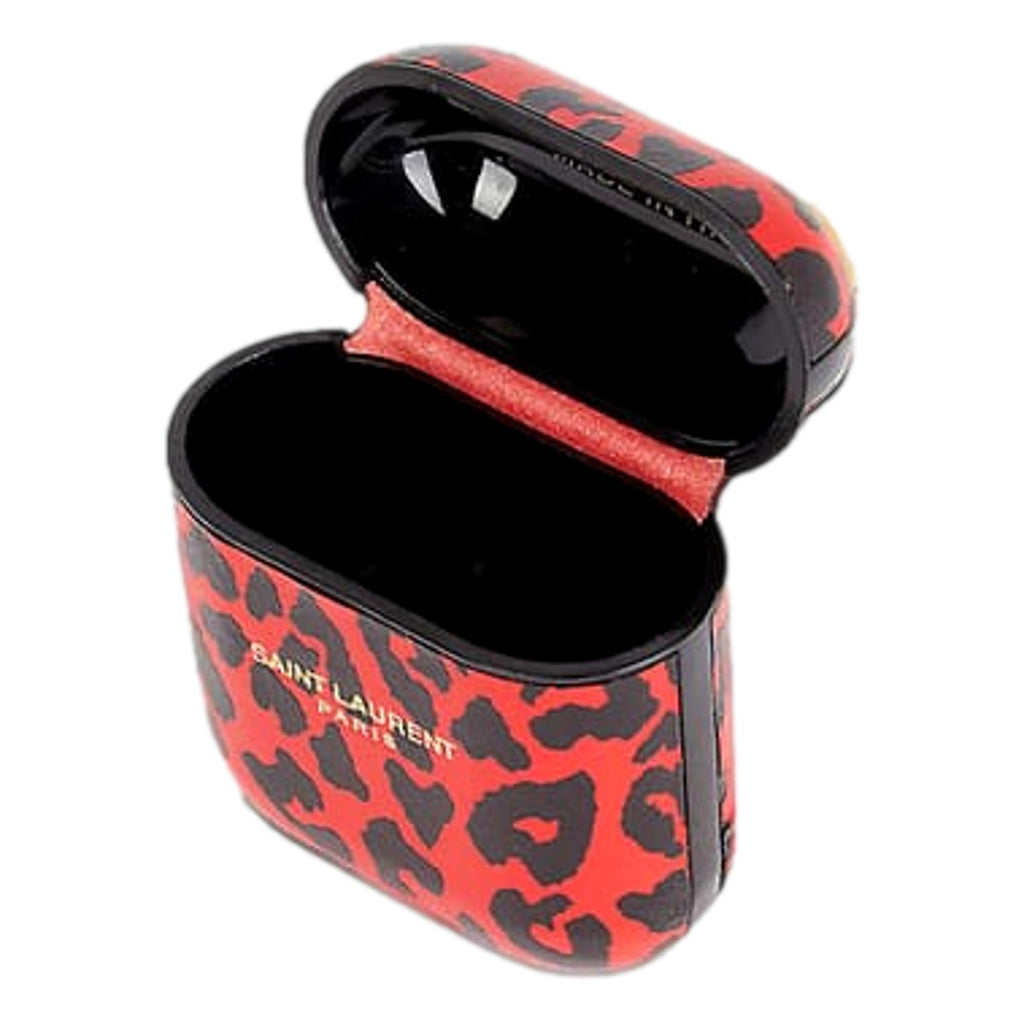 Saint Laurent Leopard Print Black and Red Leather Airpods Case 635662 at_Queen_Bee_of_Beverly_Hills