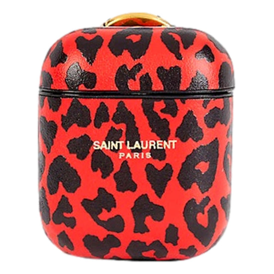 Saint Laurent Leopard Print Black and Red Leather Airpods Case available at Queen Bee of Beverly Hills