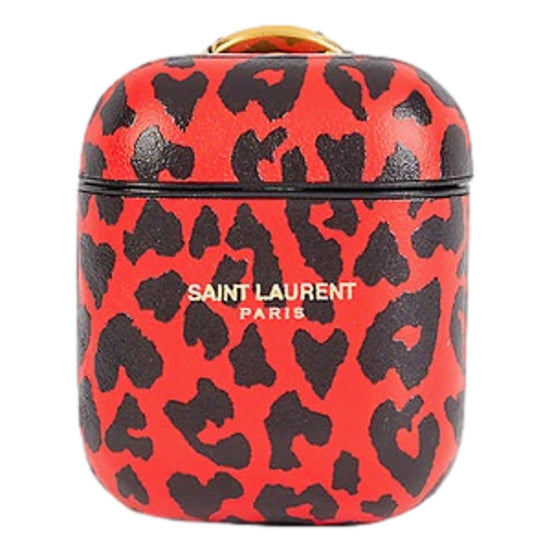 Saint Laurent Leopard Print Black and Red Leather Airpods Case available at Queen Bee of Beverly Hills