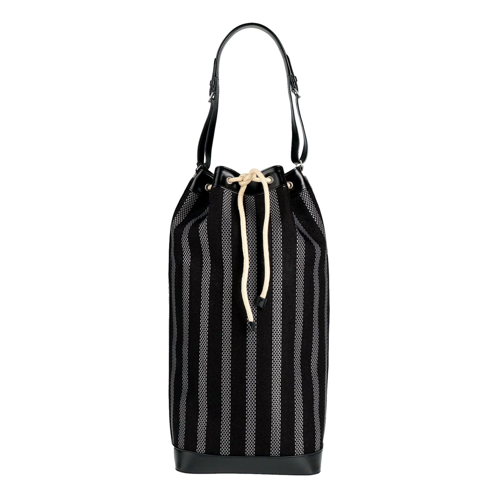 Saint Laurent Canvas Leather Trim Oversized Drawstring Bucket Bag Black