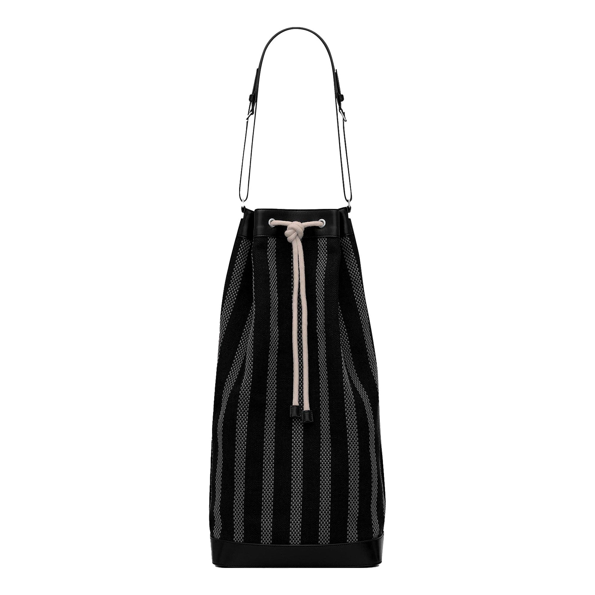 Saint Laurent Canvas Leather Trim Oversized Drawstring Bucket Bag Black