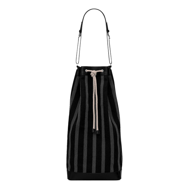 Saint Laurent Canvas Leather Trim Oversized Drawstring Bucket Bag Black
