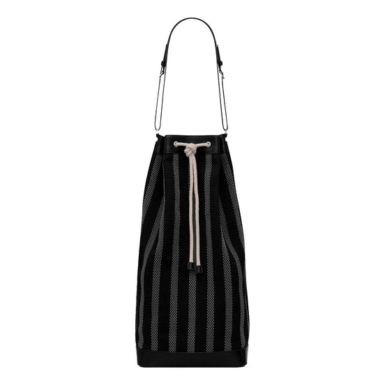 Saint Laurent Canvas Leather Trim Oversized Drawstring Bucket Bag Black