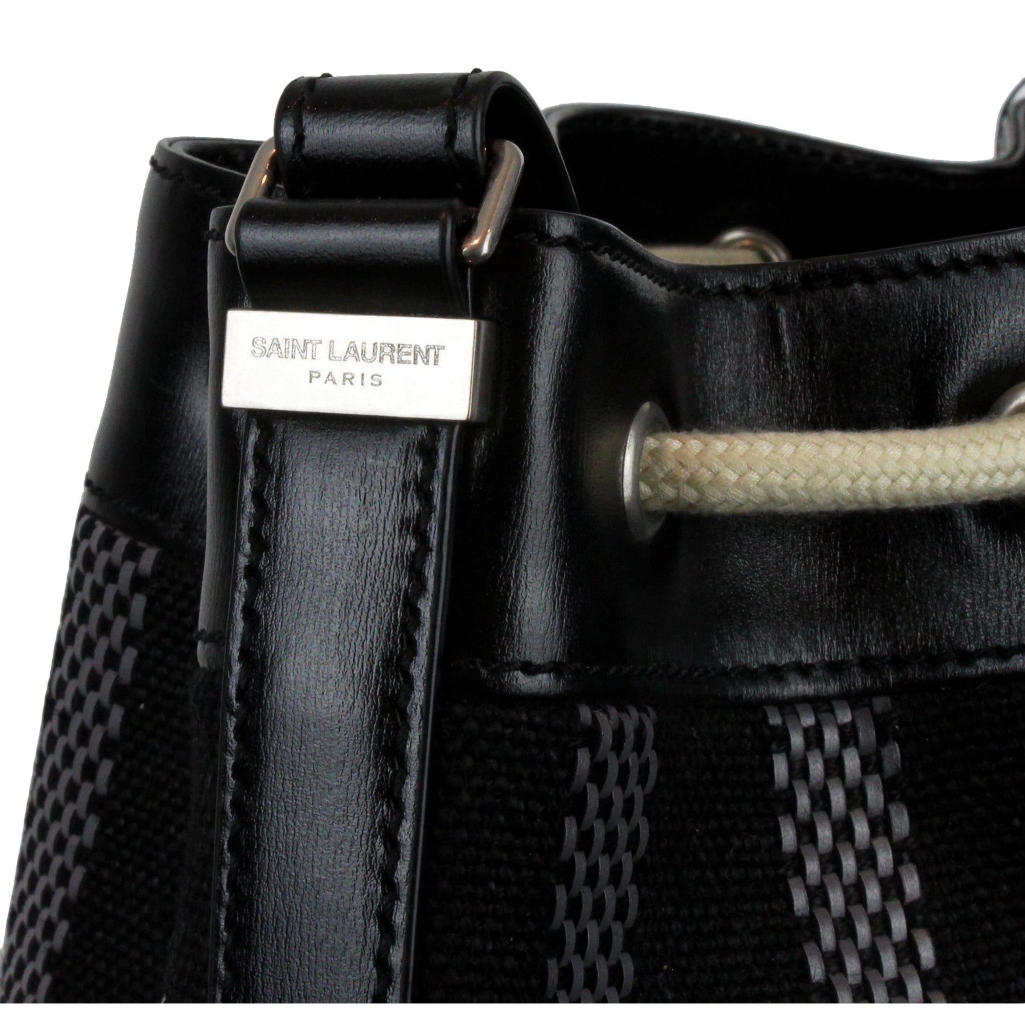 Saint Laurent Canvas Leather Trim Oversized Drawstring Bucket Bag Black