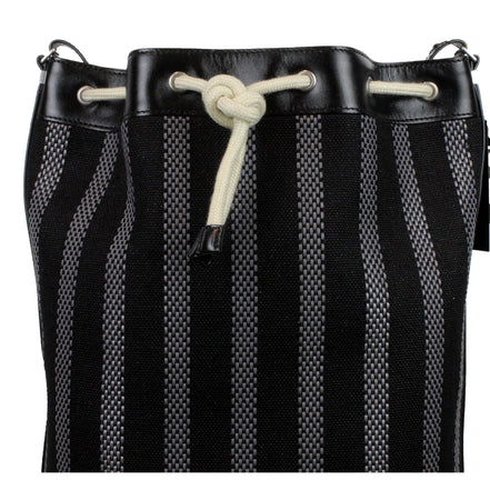 Saint Laurent Canvas Leather Trim Oversized Drawstring Bucket Bag Black