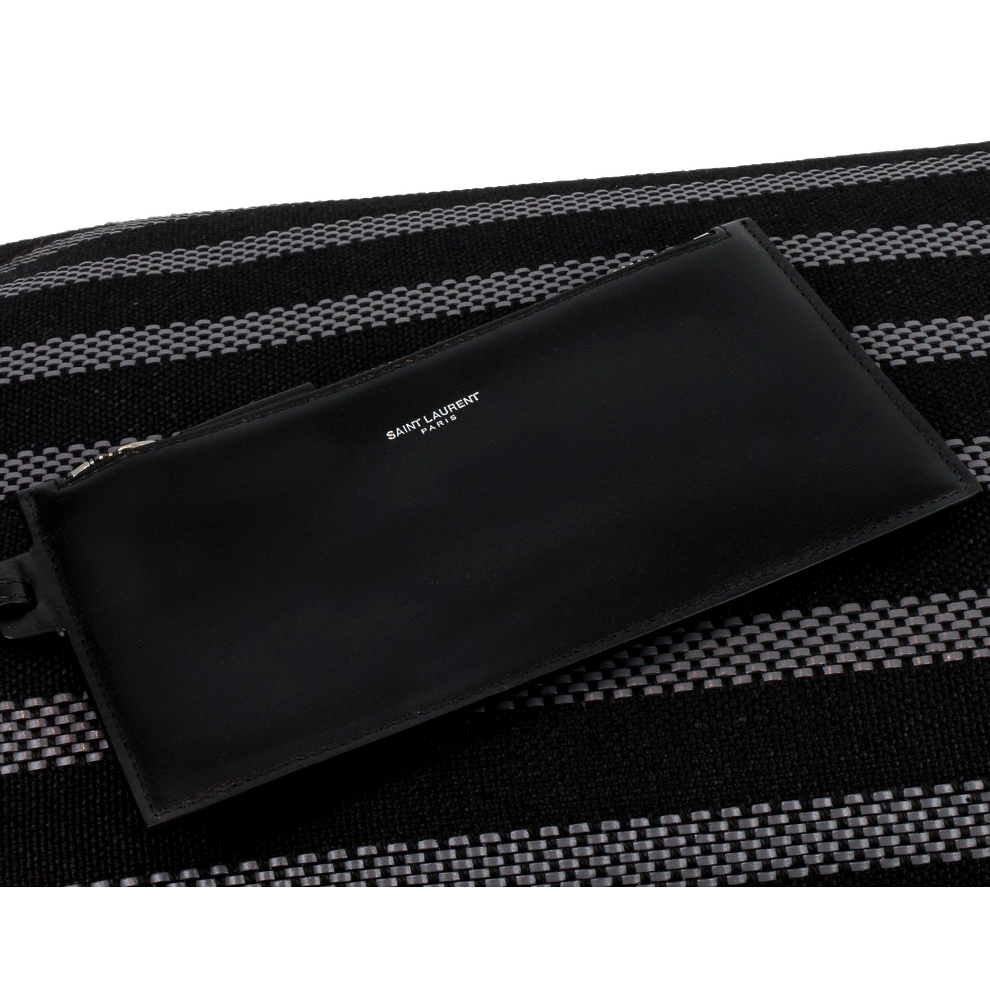 Saint Laurent Canvas Leather Trim Oversized Drawstring Bucket Bag Black