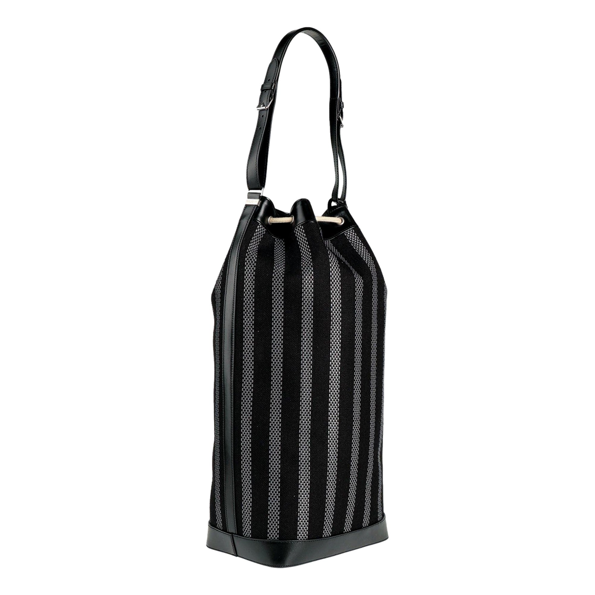 Saint Laurent Canvas Leather Trim Oversized Drawstring Bucket Bag Black