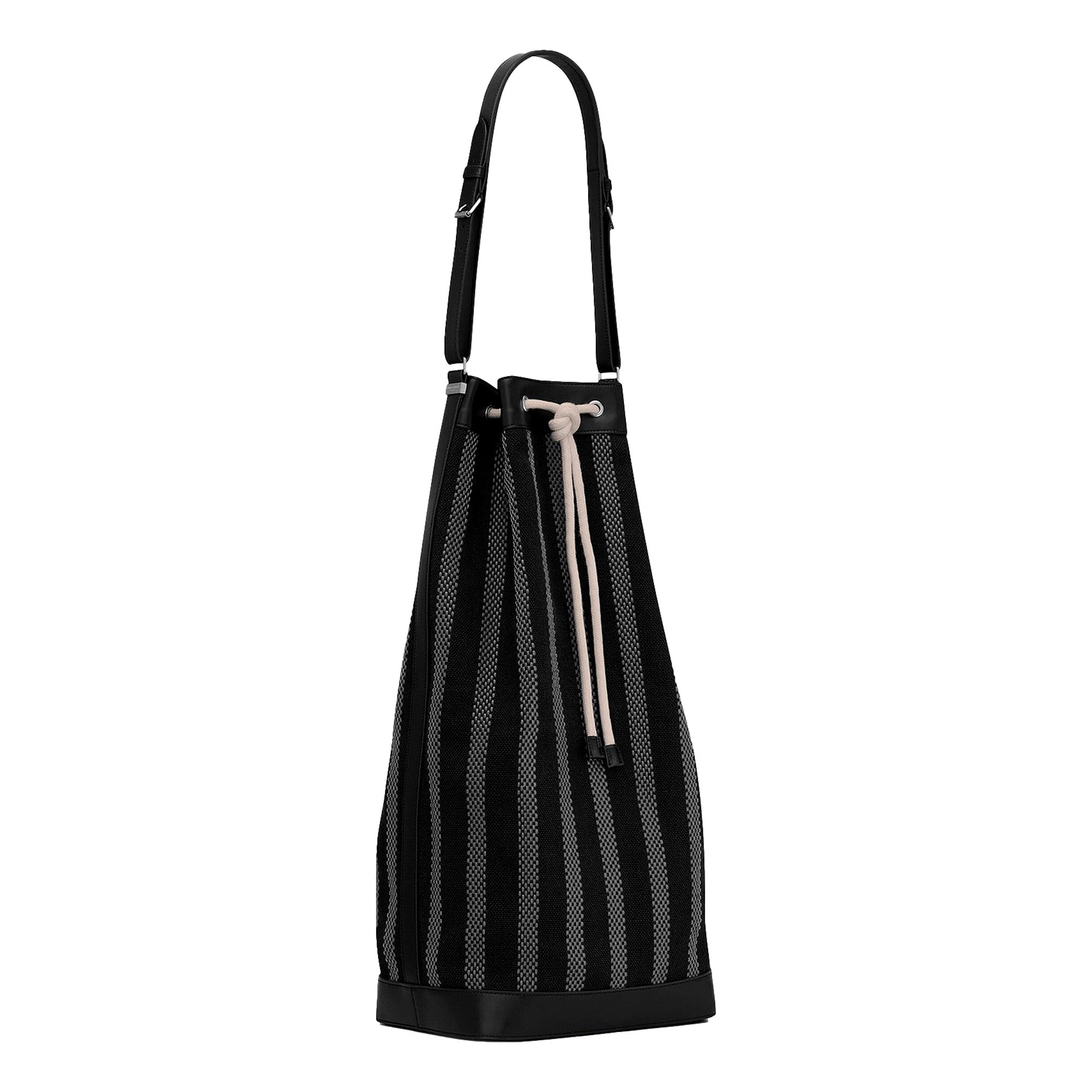 Saint Laurent Canvas Leather Trim Oversized Drawstring Bucket Bag Black