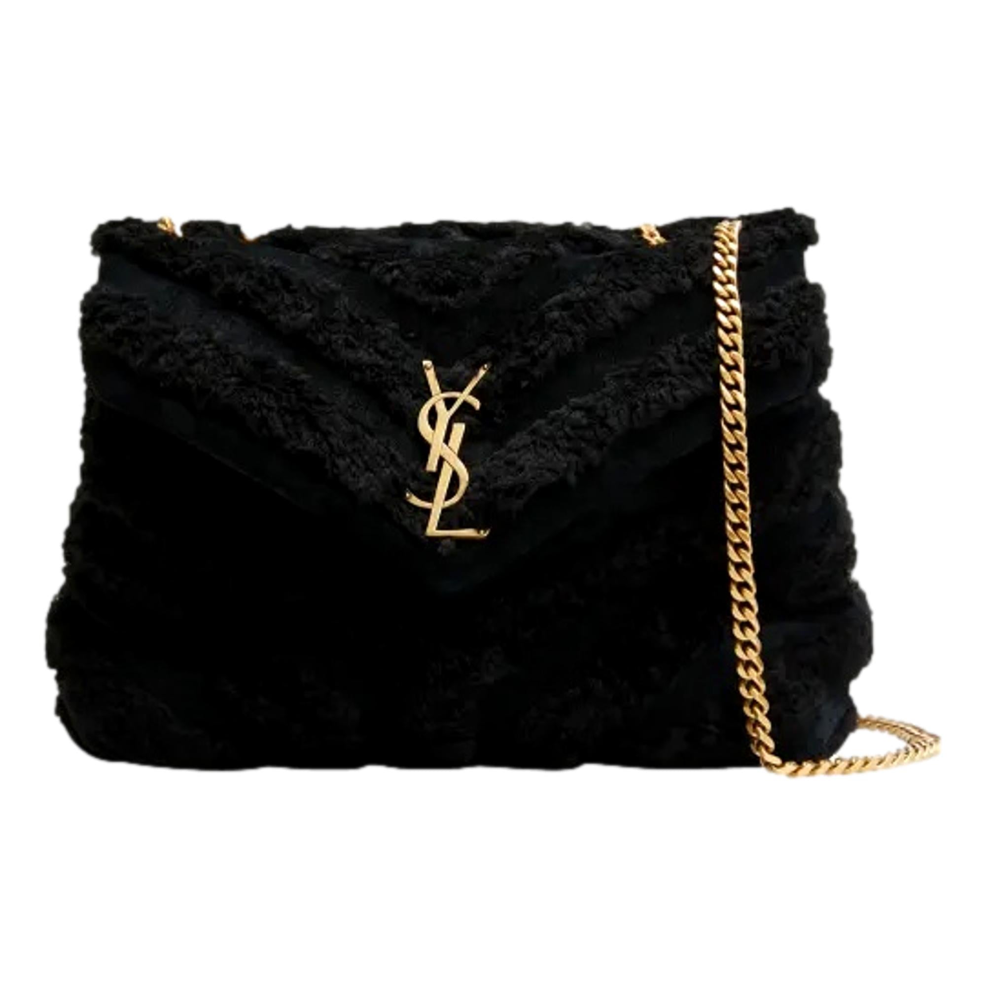 Saint Laurent Loulou Black Shearling Medium Shoulder Bag available at Queen Bee of Beverly Hills