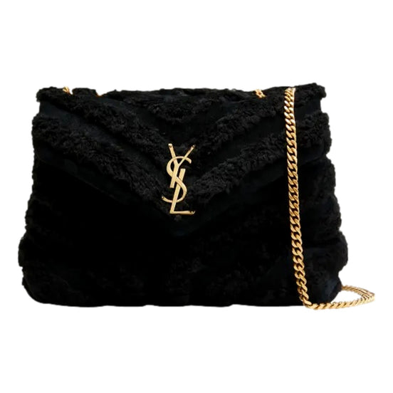 Saint Laurent Loulou Black Shearling Medium Shoulder Bag available at Queen Bee of Beverly Hills