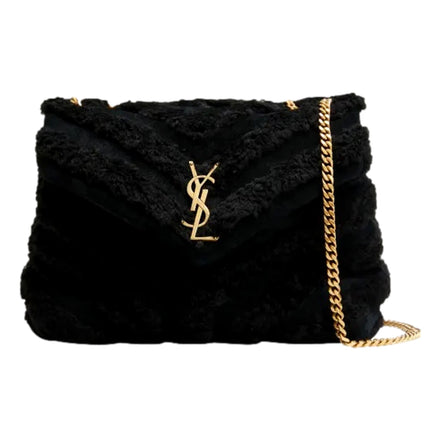 Saint Laurent Loulou Black Shearling Medium Shoulder Bag available at Queen Bee of Beverly Hills