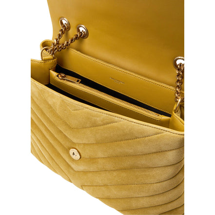 Saint Laurent Loulou Monogram Chartreuse Suede Medium Shoulder Bag available at Queen Bee of Beverly Hills