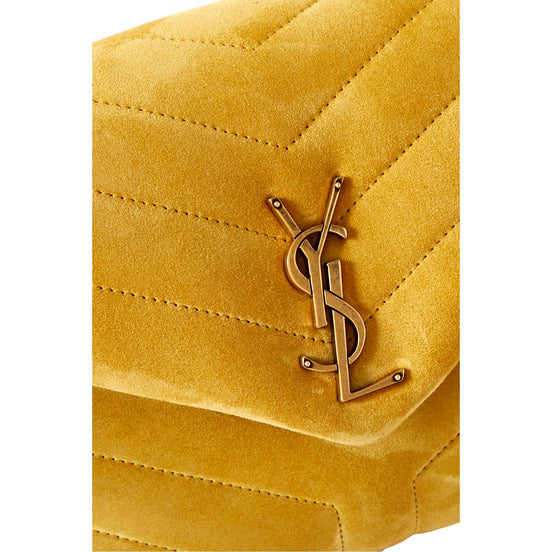 Saint Laurent Loulou Monogram Chartreuse Suede Medium Shoulder Bag available at Queen Bee of Beverly Hills