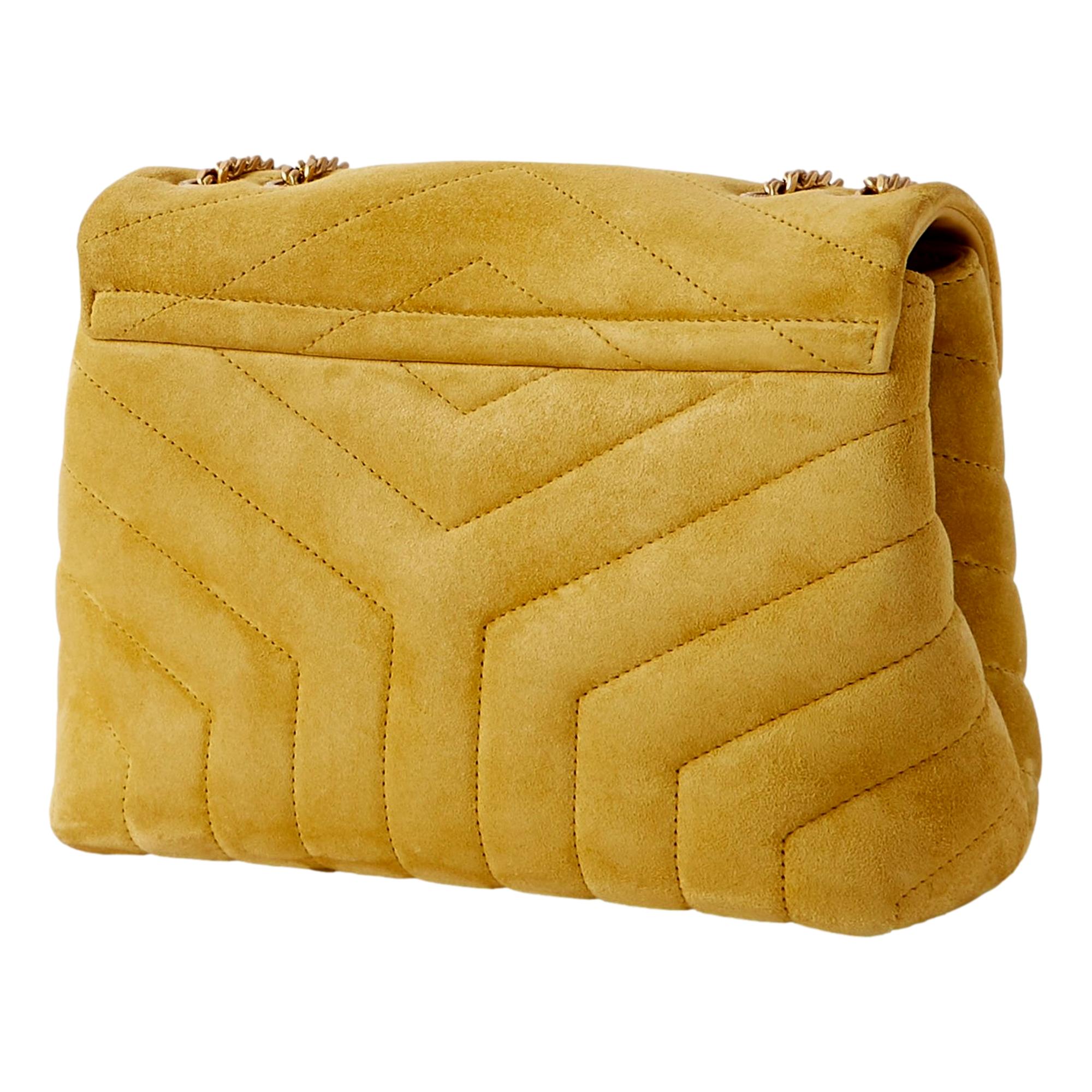 Saint Laurent Loulou Monogram Chartreuse Suede Medium Shoulder Bag available at Queen Bee of Beverly Hills