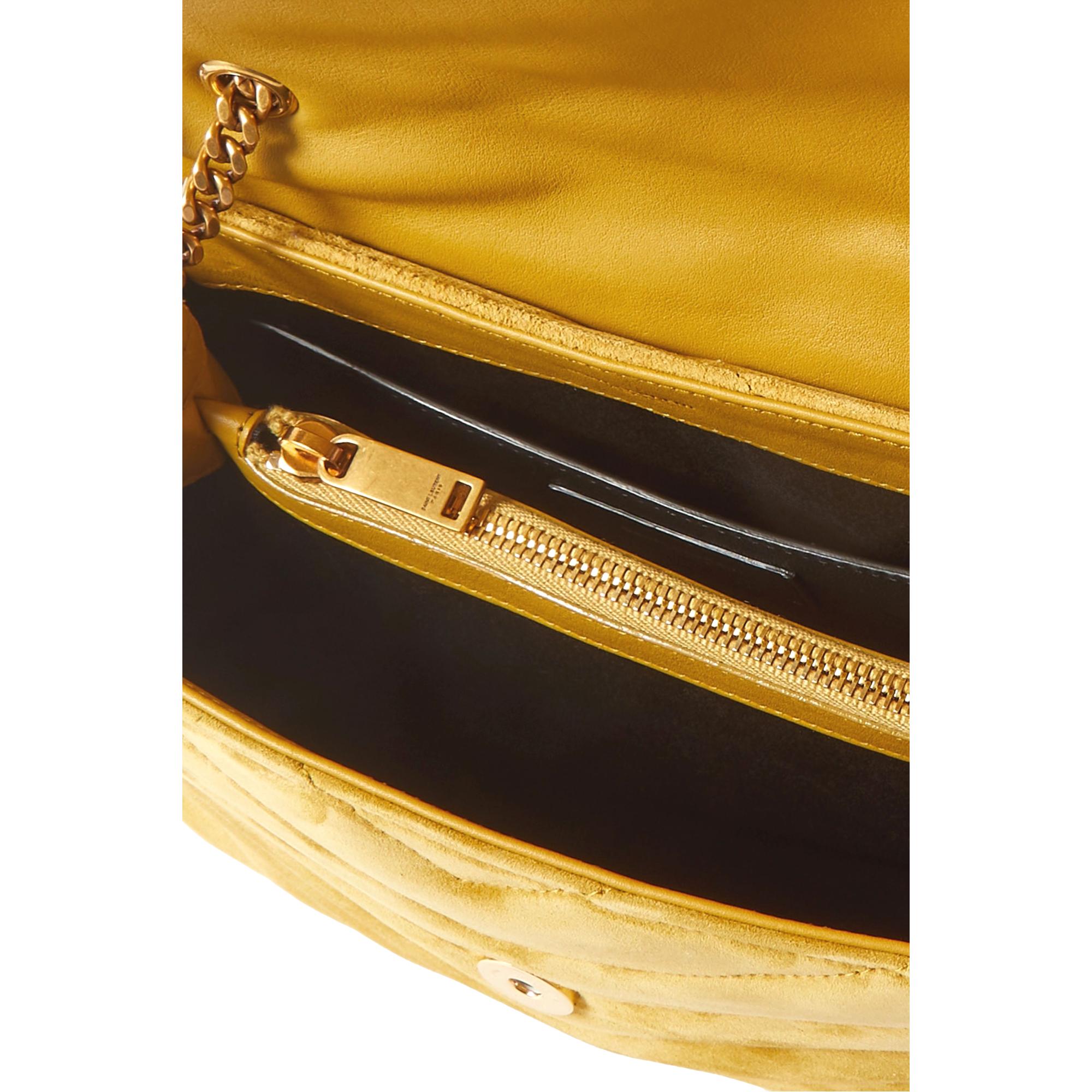 Saint Laurent Loulou Monogram Chartreuse Suede Medium Shoulder Bag available at Queen Bee of Beverly Hills