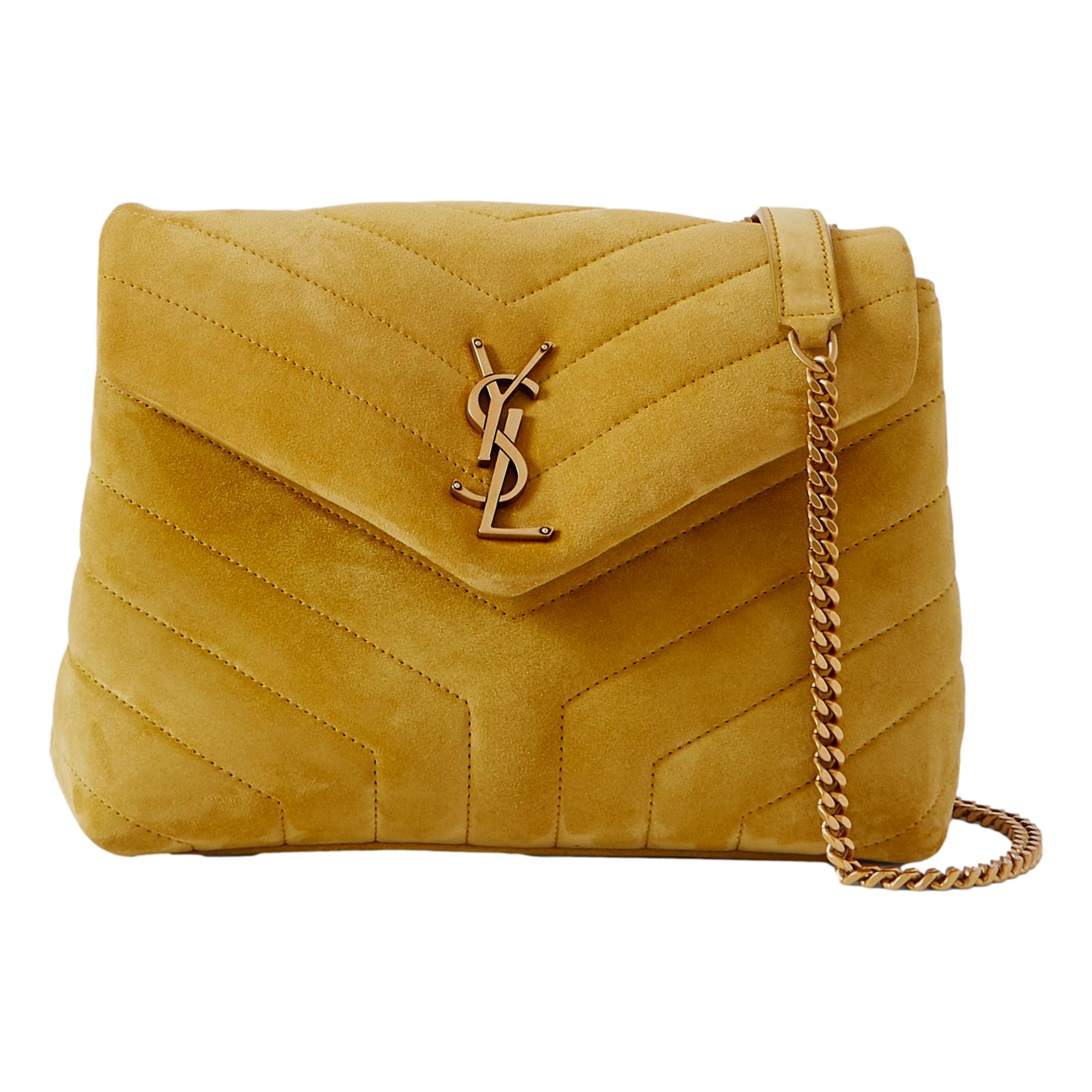 Saint Laurent Loulou Monogram Chartreuse Suede Medium Shoulder Bag available at Queen Bee of Beverly Hills