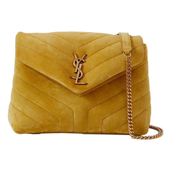 Saint Laurent Loulou Monogram Chartreuse Suede Medium Shoulder Bag available at Queen Bee of Beverly Hills
