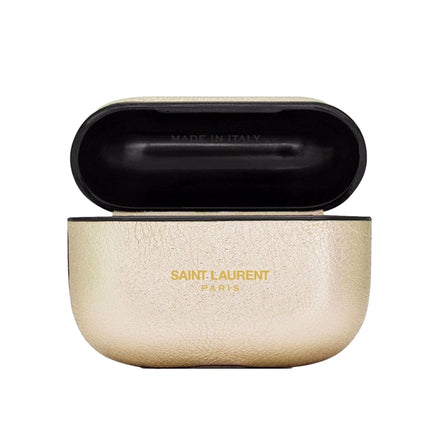 Saint Laurent Metallic Gold Leather Airpods Pro Case available at Queen Bee of Beverly Hills