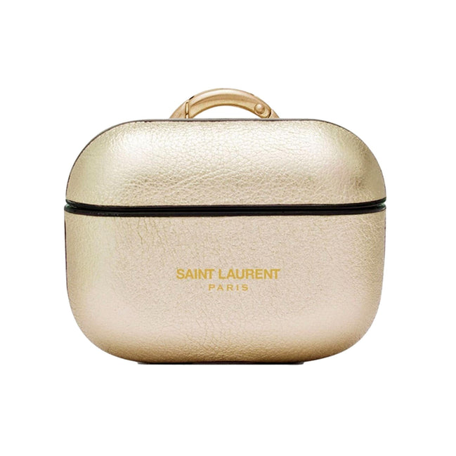 Saint Laurent Metallic Gold Leather Airpods Pro Case available at Queen Bee of Beverly Hills