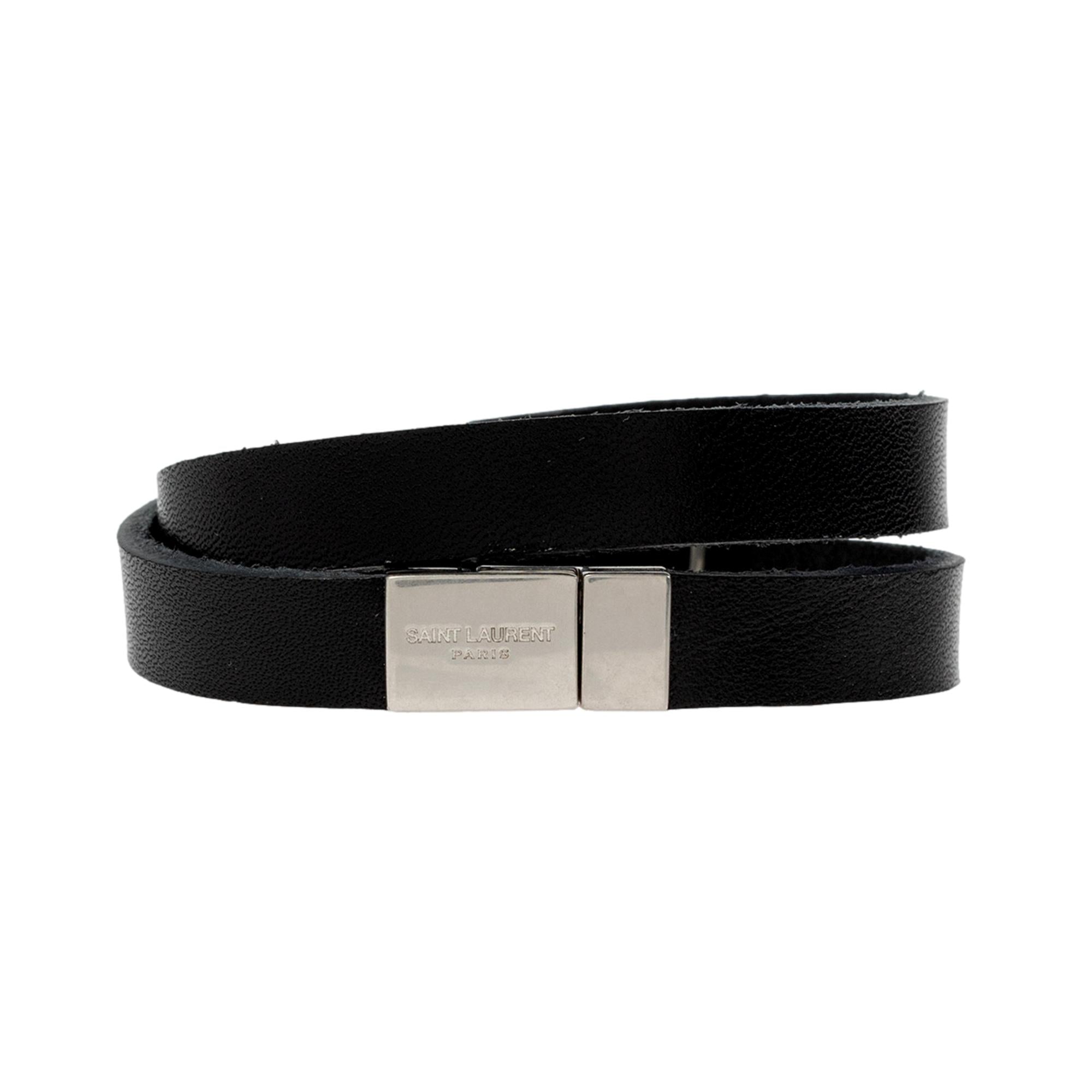 Saint Laurent Monogram Black Leather Bracelet available at Queen Bee of Beverly Hills