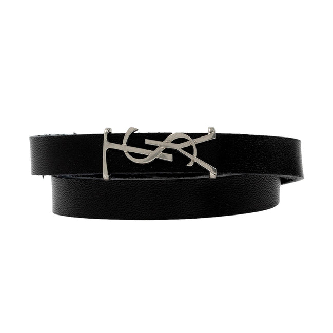 Saint Laurent Monogram Black Leather Bracelet available at Queen Bee of Beverly Hills