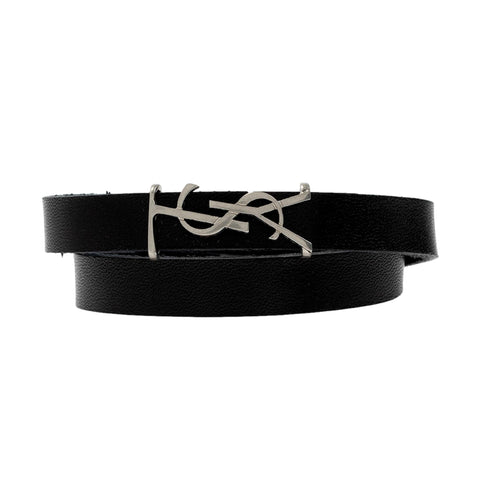 Saint Laurent Monogram Black Leather Bracelet available at Queen Bee of Beverly Hills