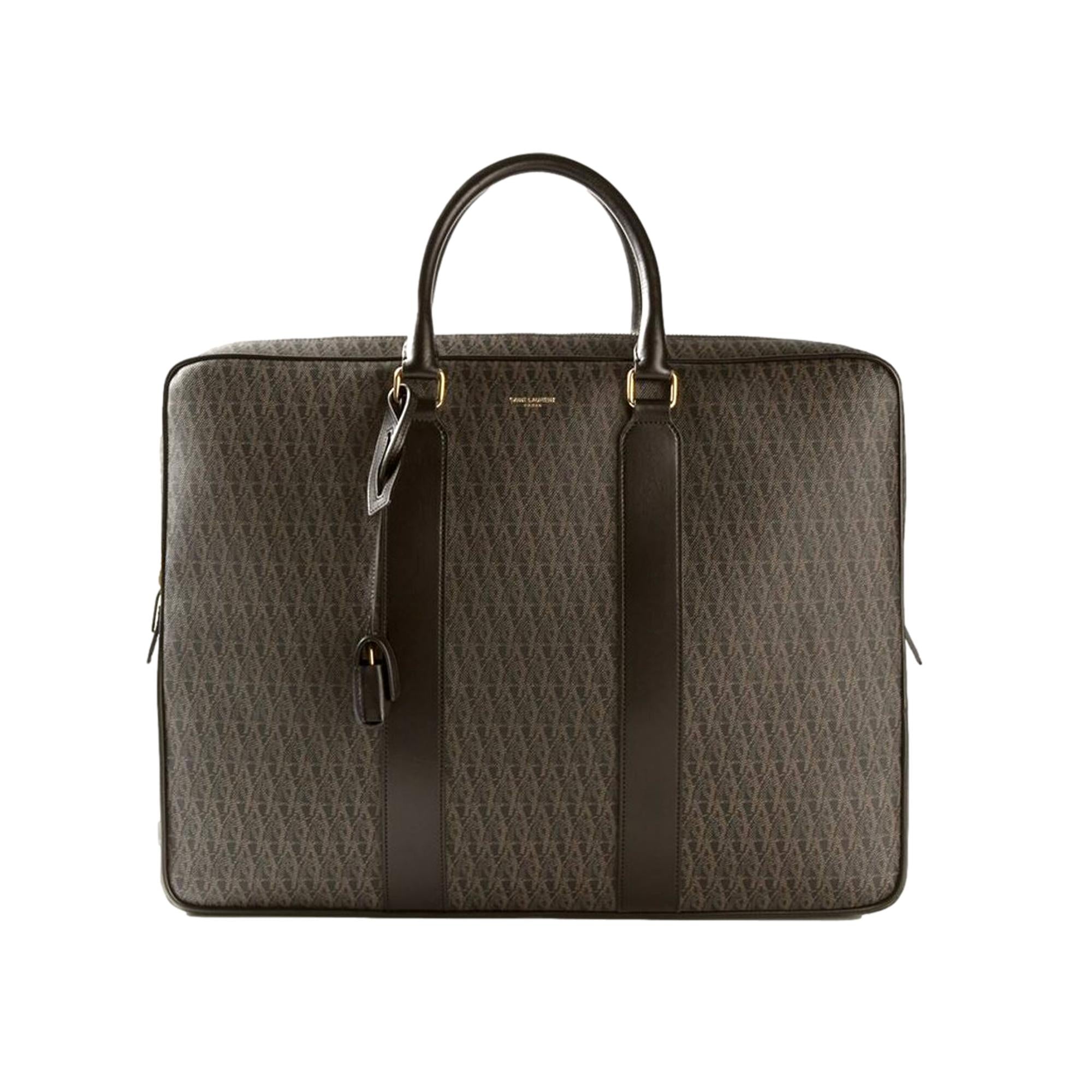 Saint Laurent Monogram Large Luggage Case Bag Dark Brown Coated Canvas available at Queen Bee of Beverly Hills