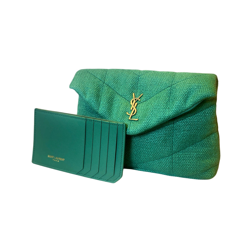 Saint Laurent Puffer Green Canvas Clutch and Card Holder – Queen Bee of  Beverly Hills